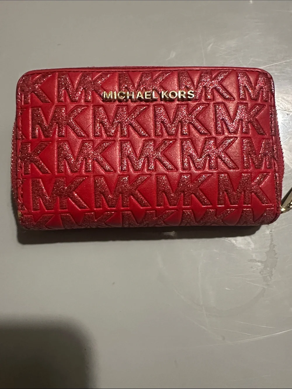 Michael Kors Red MK Monogram Embossed Zip Card Holder